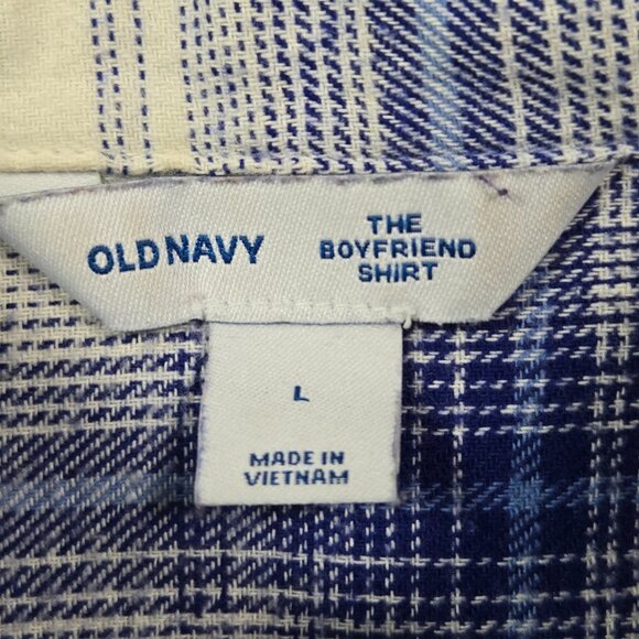 Old Navy Boyfriend Shirt L Blue White Plaid 100%‎ Cotton Flannel Oversized Fit - Picture 7 of 11